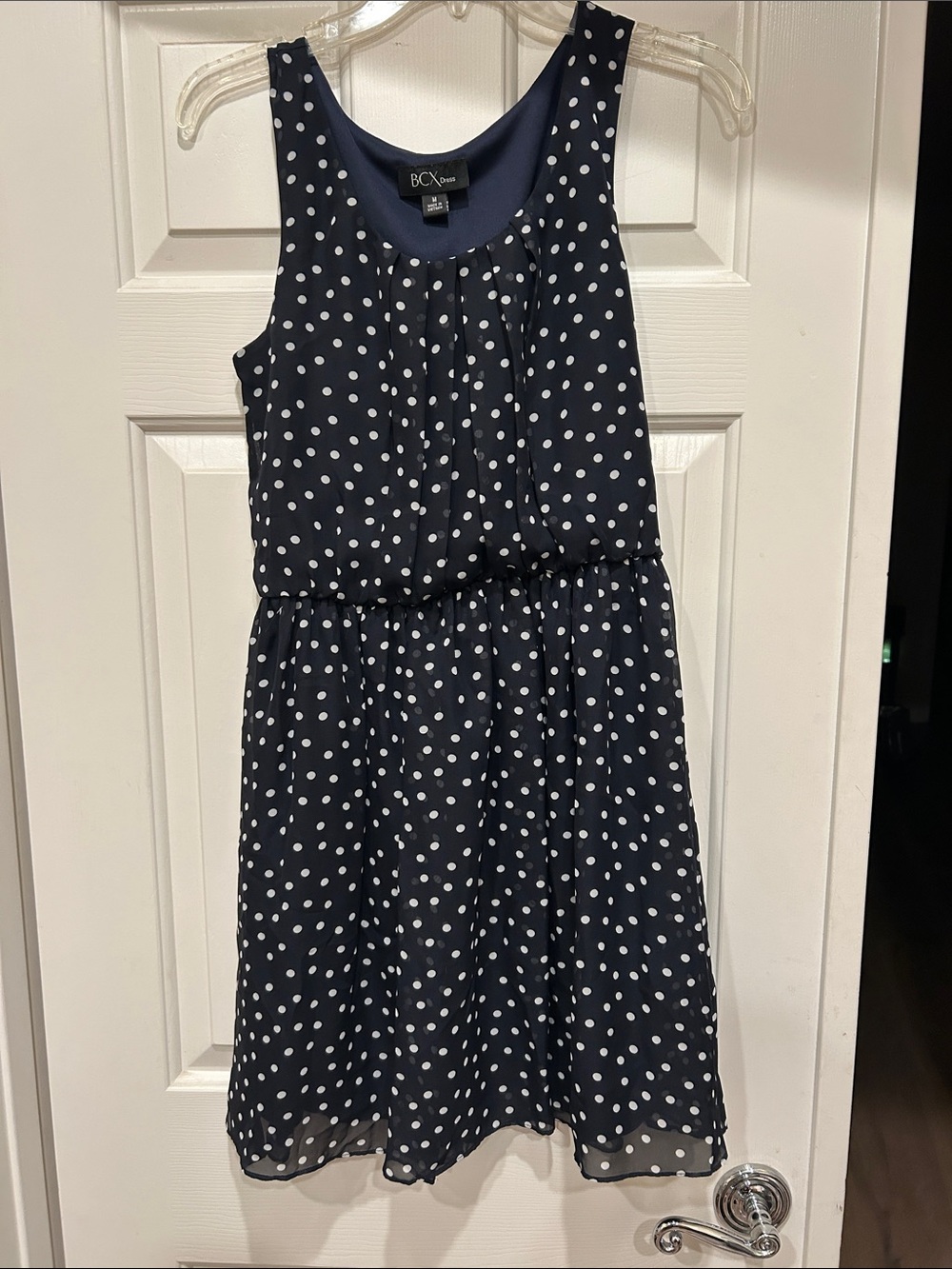 BCX Navy and White Polka Dot Sleeveless Dress